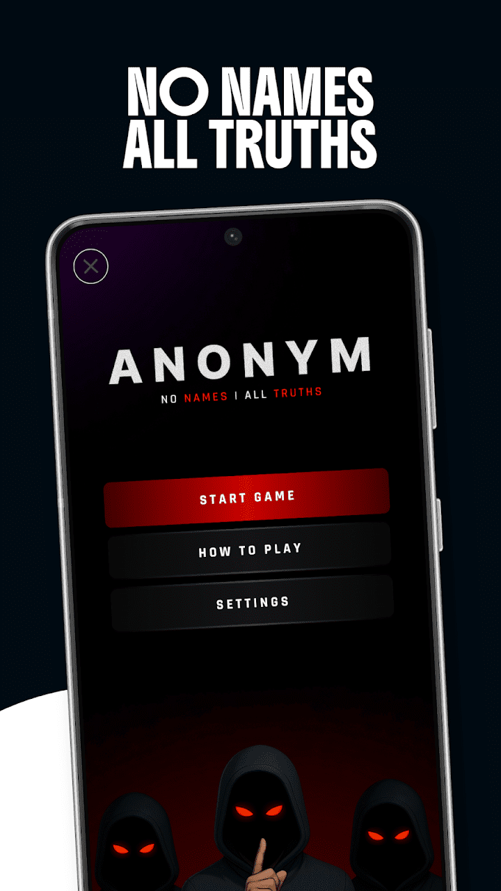ANONYM anonymous party game screenshot showing the app main screen