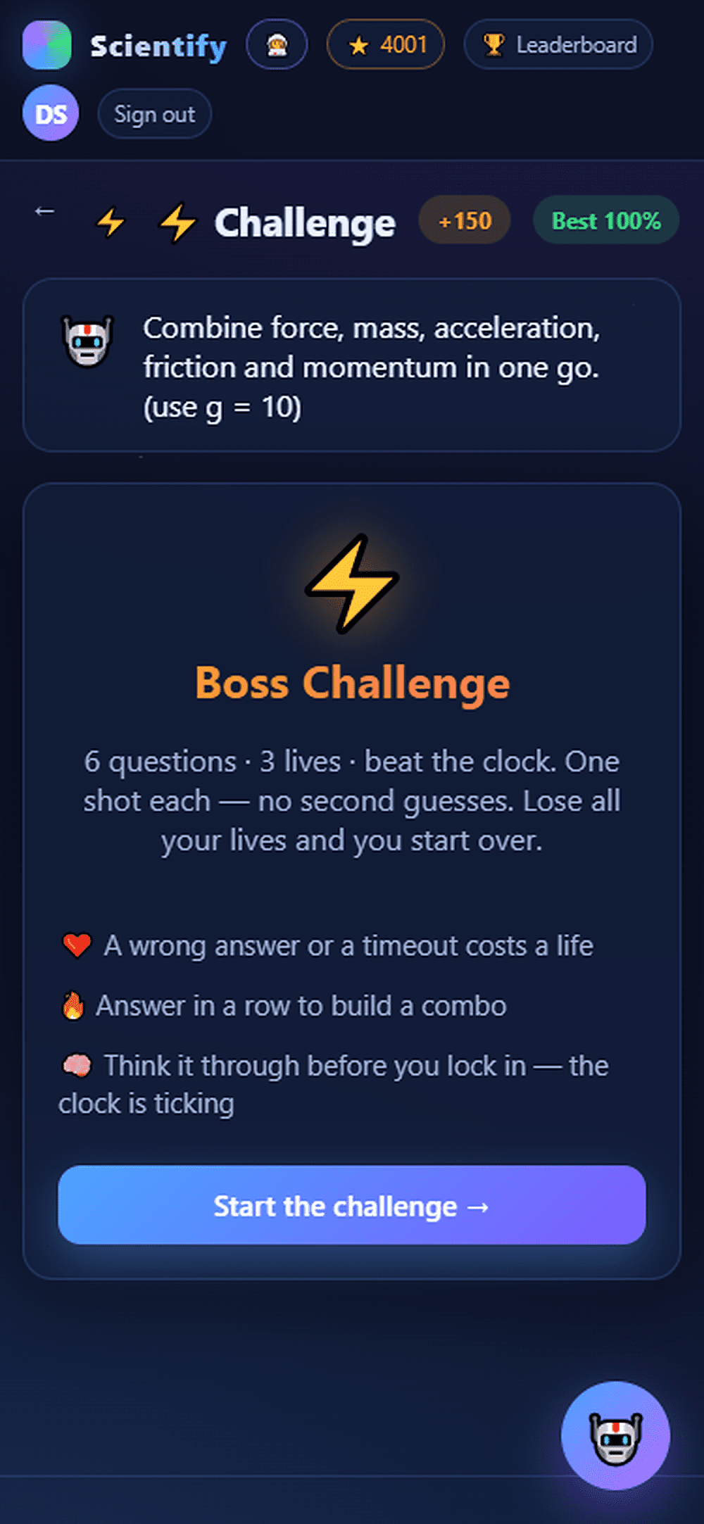 Screenshot of a Boss Challenge in Scientify with a timer, lives and a combo streak