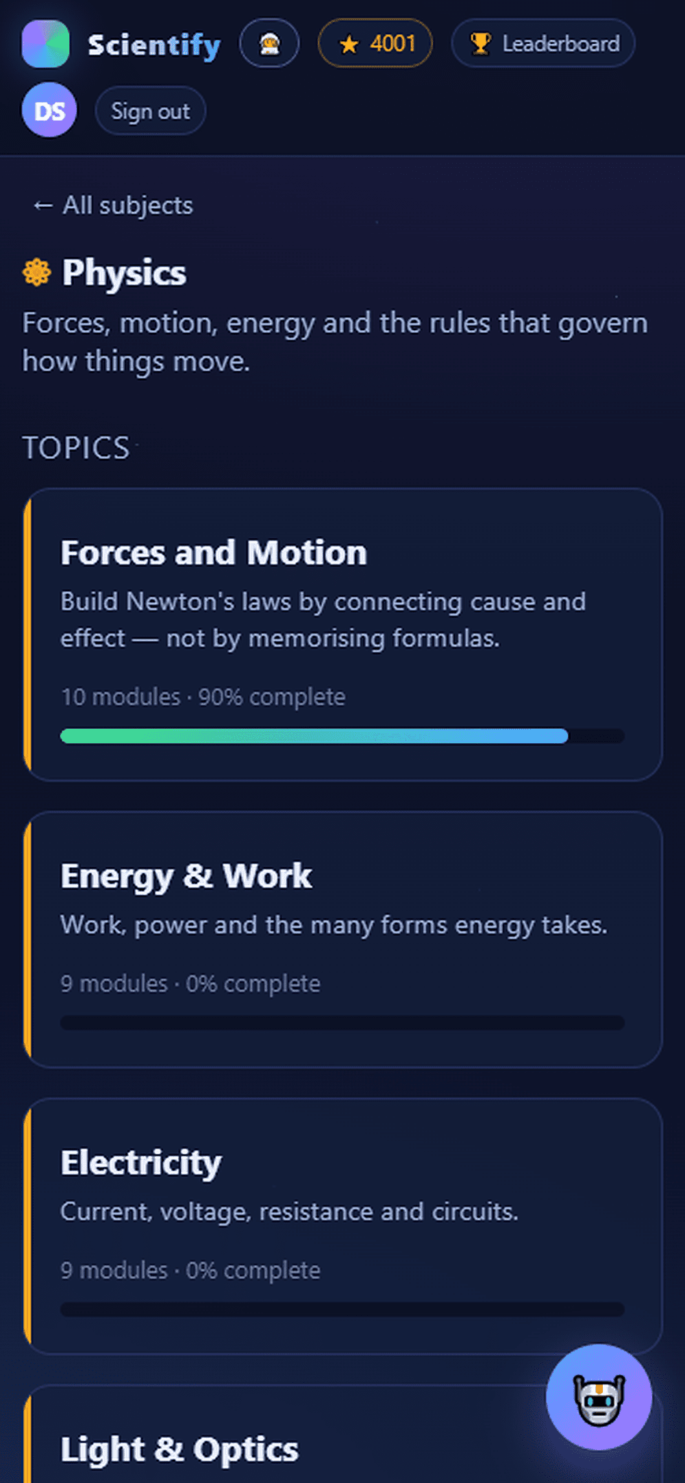 Screenshot of the Scientify in-app tutor giving a contextual hint