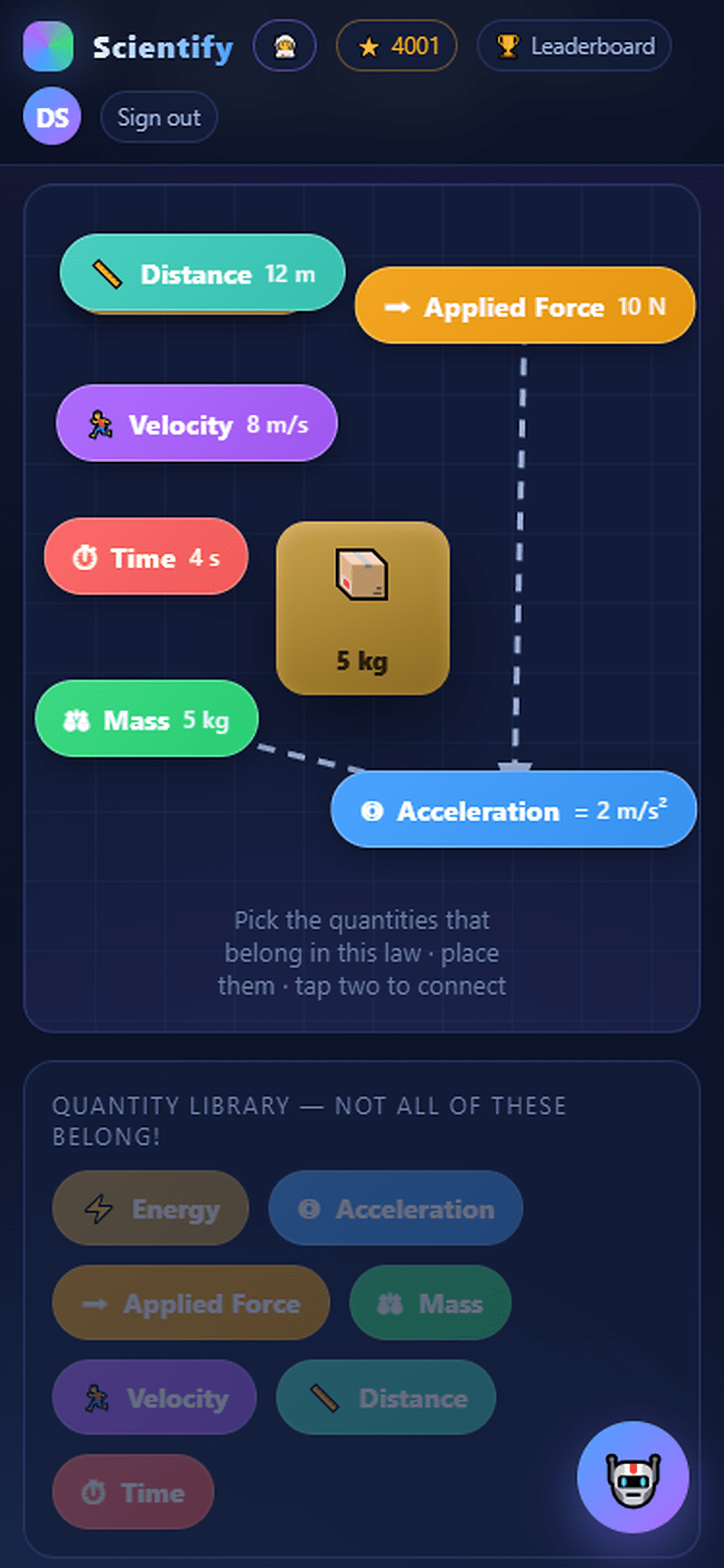 Screenshot of Scientify's predict-first physics lab, where students guess a result before testing it with sliders