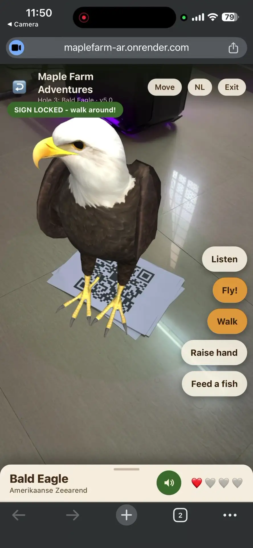 Bald eagle standing directly on the printed QR code in augmented reality, its talons on the paper sign