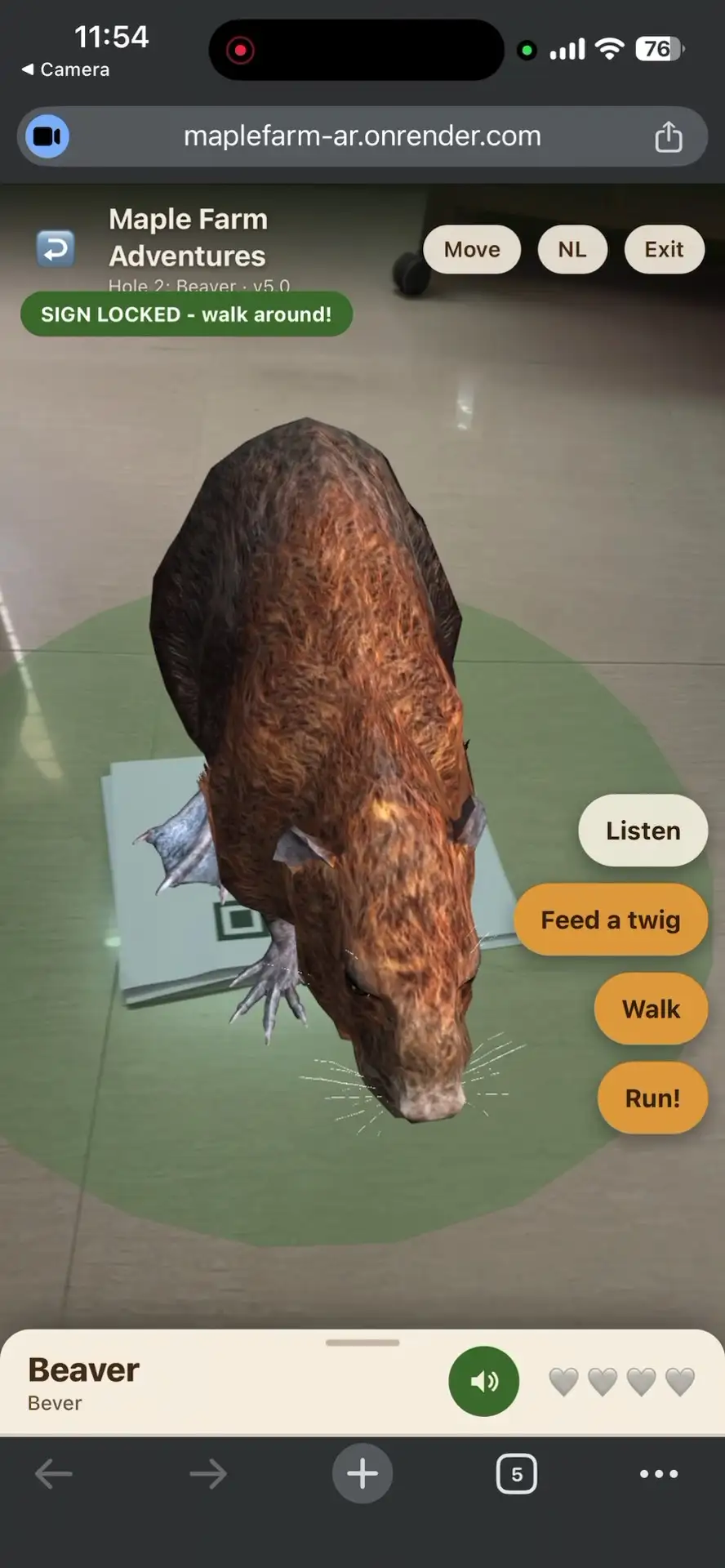 Beaver seen from above in augmented reality, anchored to the printed sign on the floor