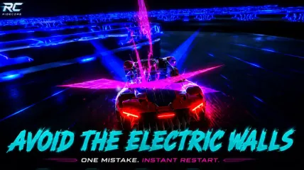 RideCore key art reading Avoid The Electric Walls, One Mistake Instant Restart, showing a car striking a magenta electrified barrier.
