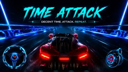 RideCore Time Attack key art: a red car seen from behind speeding down a neon corridor, with the on-screen steering wheel and turbo controls either side.
