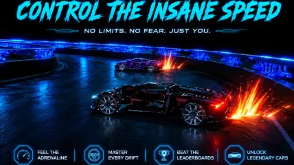 RideCore key art reading Control The Insane Speed, with two cars drifting in a shower of sparks and icons for adrenaline, drifting, leaderboards and unlocking legendary cars.