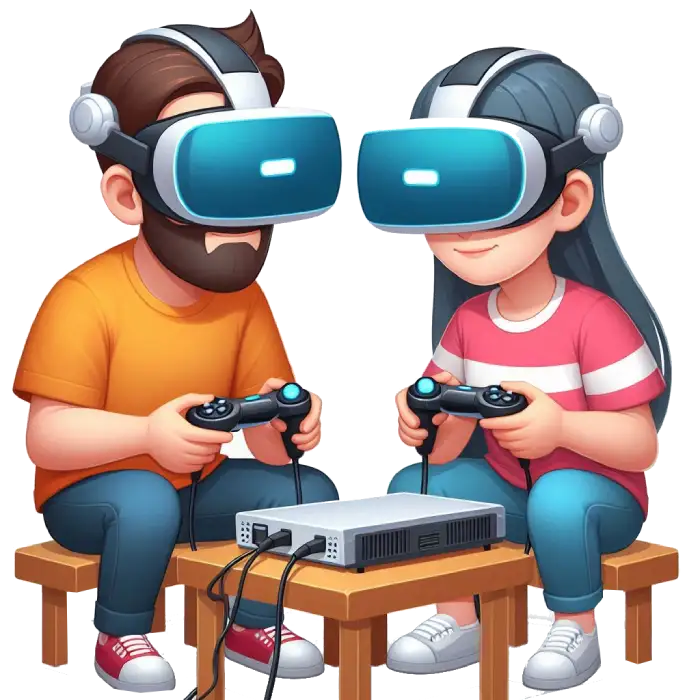 two players playing a VR multiplayer game with VR headsets on in a white background 3D toon style