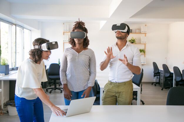 diverse team three watching virtual presentation 74855 2146