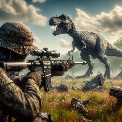 realistic image of a sniper aiming towards a dinosaur AAA quality