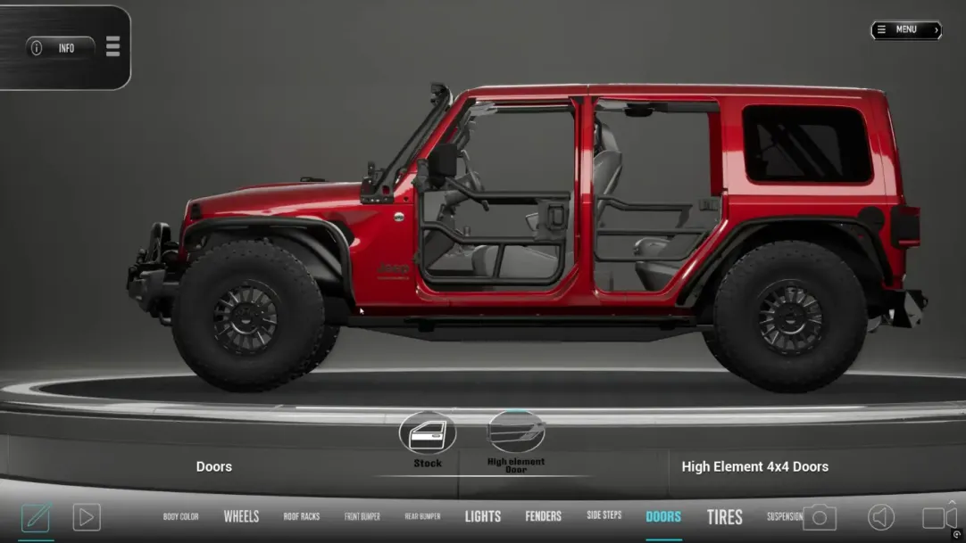 Close-up of tire clearance and fender fitment in the RigBuilder Unreal 3D configurator showing precision required for different tire and lift combinations on Jeep Wrangler JL
