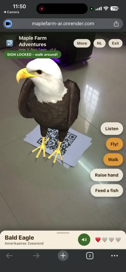 Bald eagle standing directly on the printed QR code in augmented reality, its talons on the paper sign