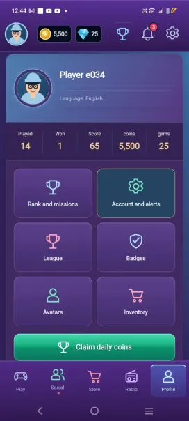 Joy Mates player profile with progression, badges and inventory