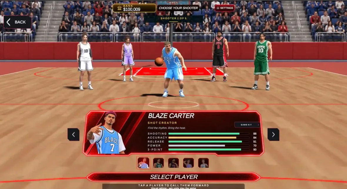 Heat Check basketball shooter selection with five original characters