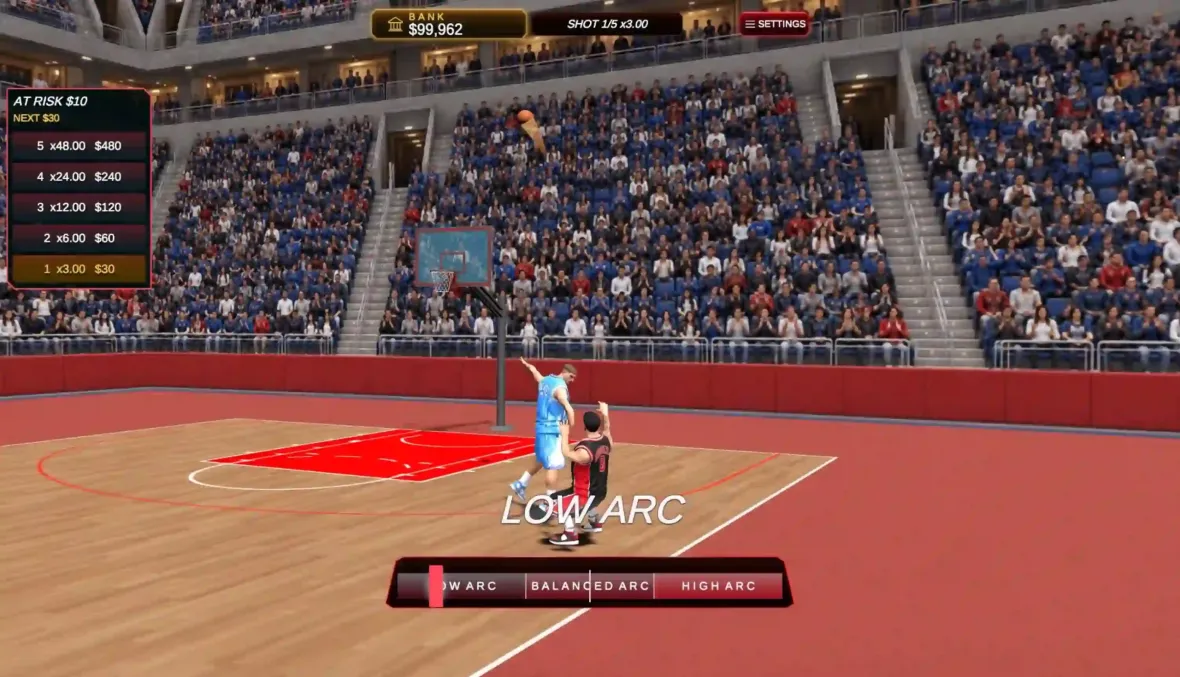 Heat Check three-point shot with a defender and the basketball hoop