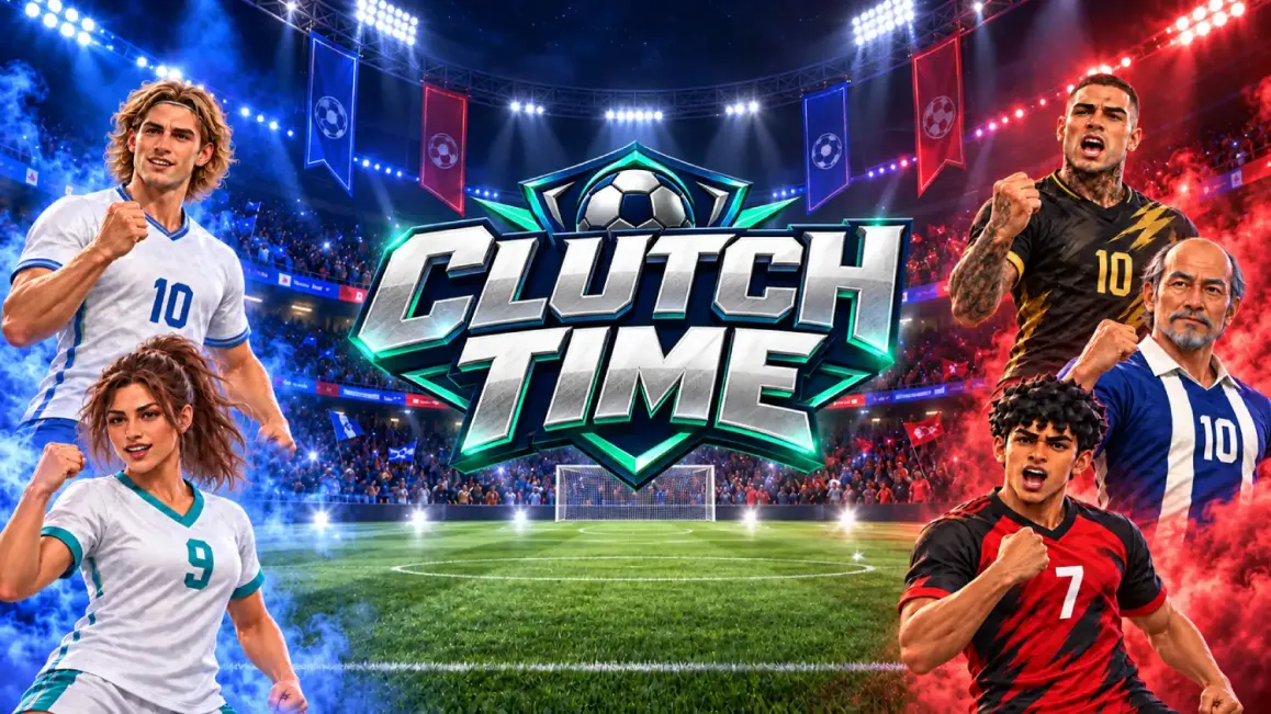 Clutch Time football stadium with the taker, full goal and green game interface