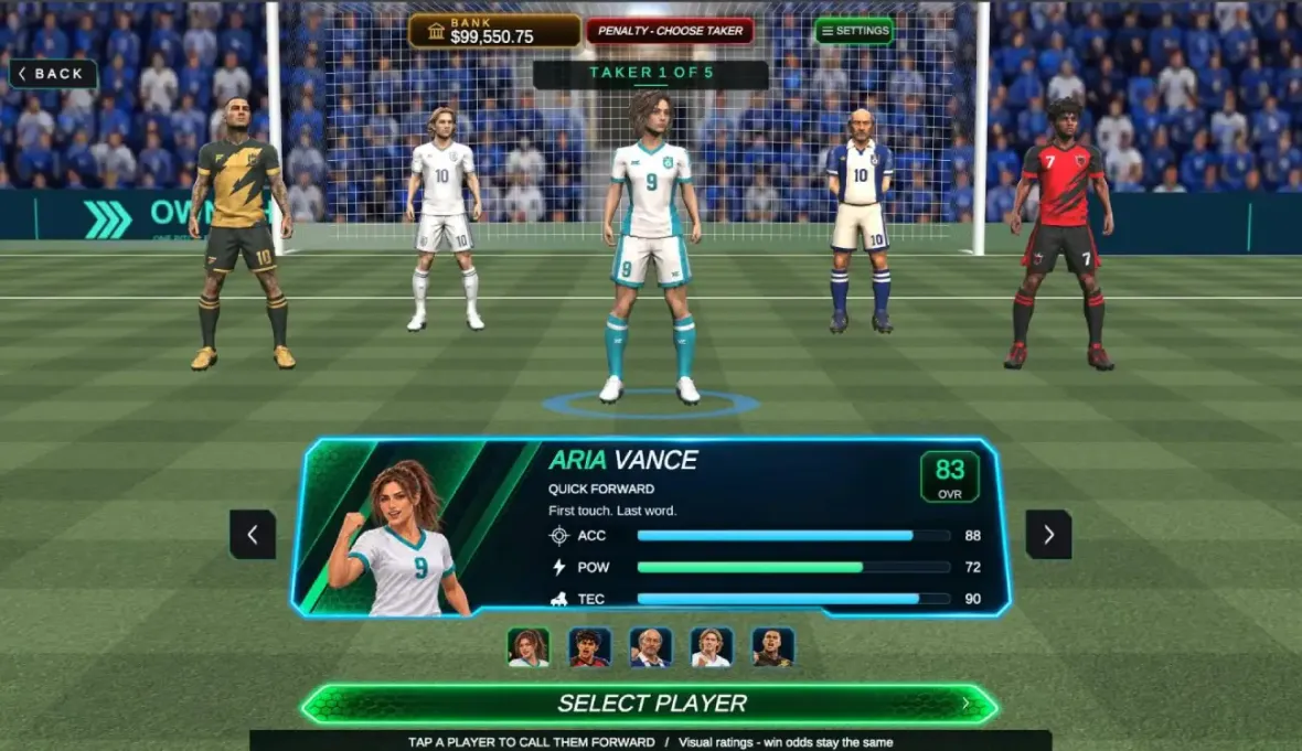 Clutch Time player selection with original football characters and rating cards