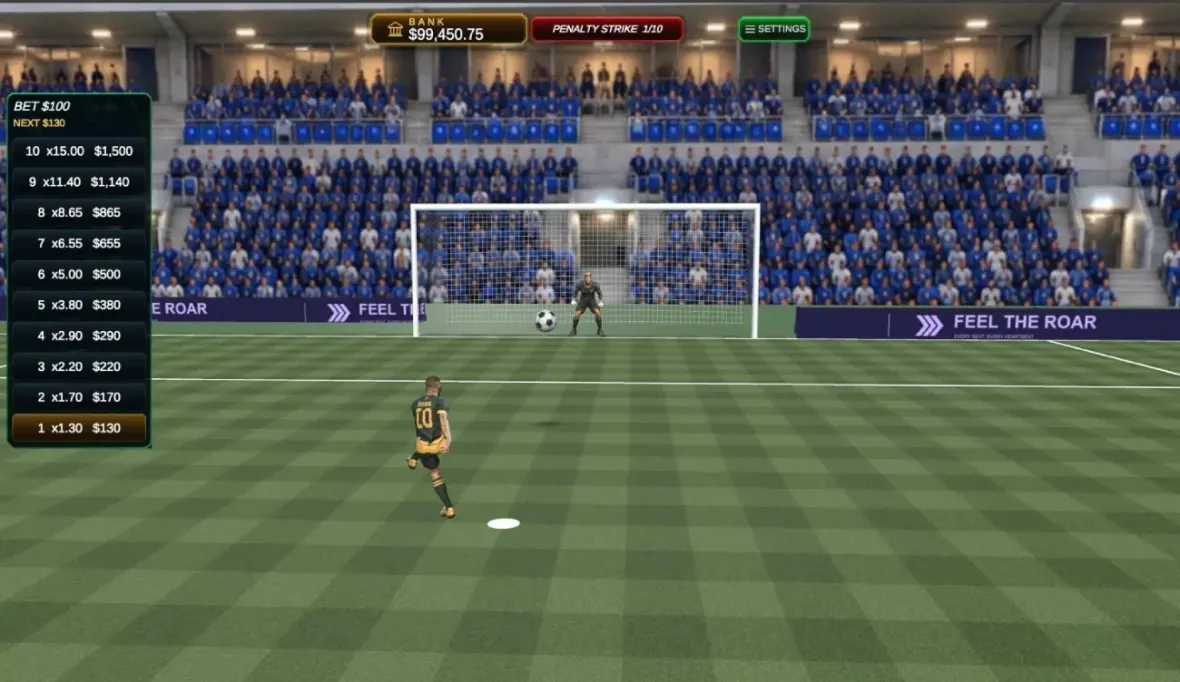 Clutch Time penalty kick with the taker and goalkeeper visible in the full goal
