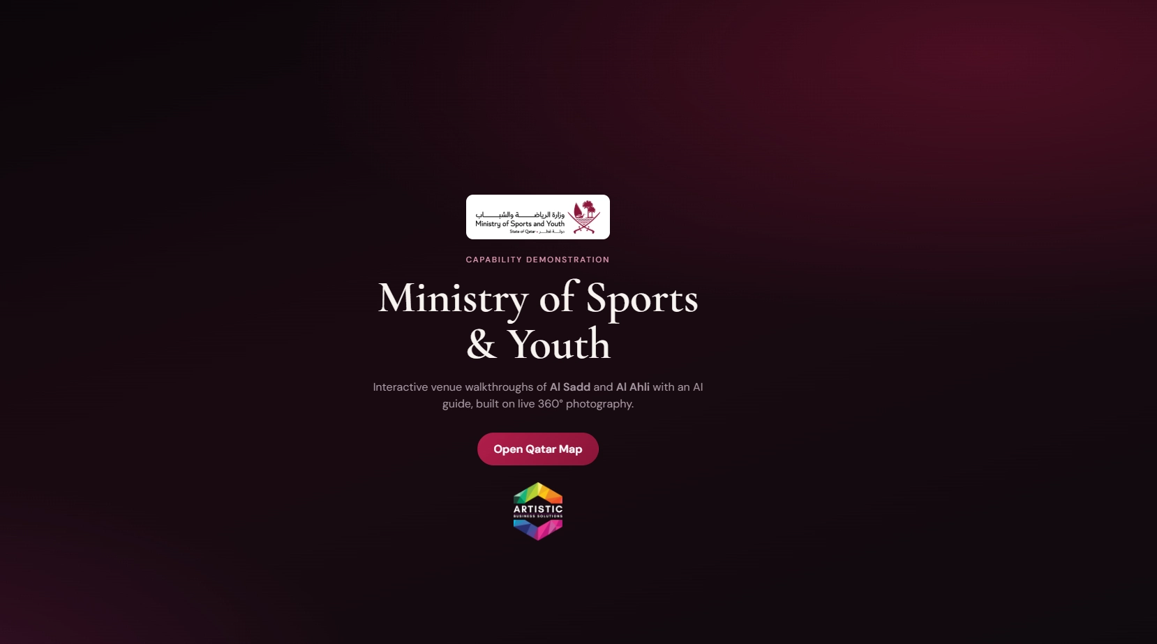Start screen of the venue explorer NipsApp built for Qatar's Ministry of Sports and Youth, with the Open Qatar Map button